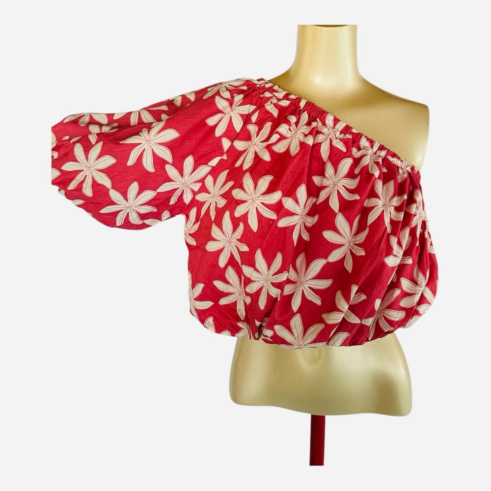 &merci Pink Floral One Shoulder Crop Top Puff Sleeve Size M